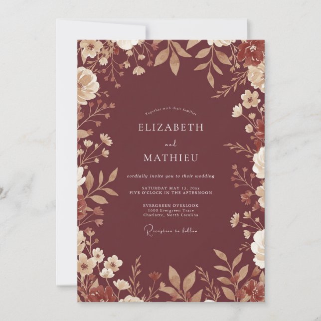 Invitation Mariage Floral Terreux Marron (Devant)
