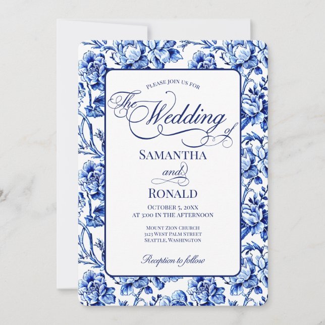 Invitation Mariage floral toile bleu et blanc avec calligraph (Devant)