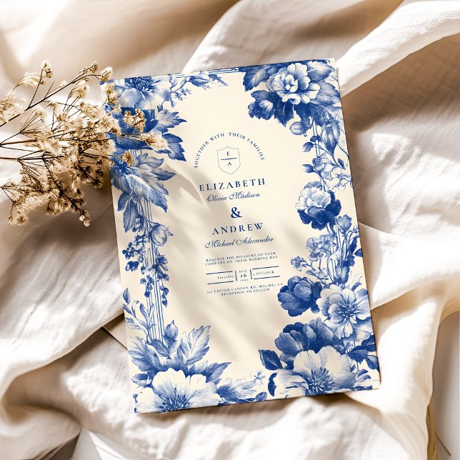 Invitation Mariage Floral Toile bleu vintage (Créateur téléchargé)