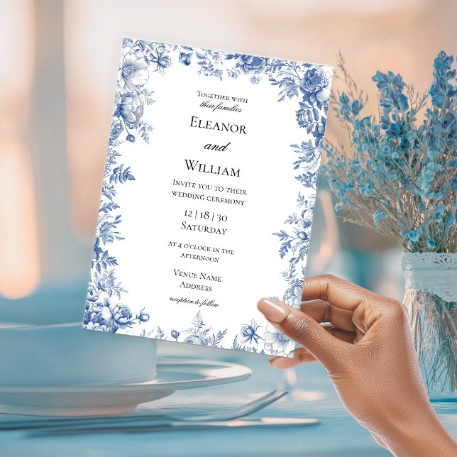 Invitation Mariage Floral Toile Bleue Élégant (Créateur téléchargé)