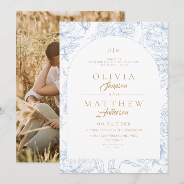 Invitation Mariage Floral Toile Bleue Français  (Devant / Derrière)