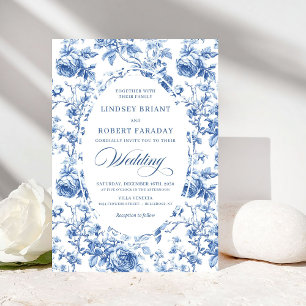 Invitation Mariage Floral Toile de Jouy Bleu Royal Raffiné
