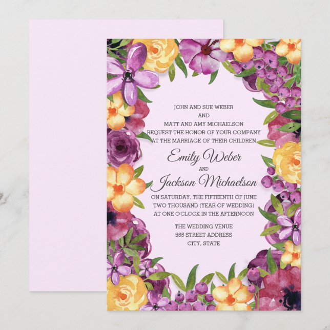 Invitation Mariage floral tons de bijoux violet jaune (Devant / Derrière)
