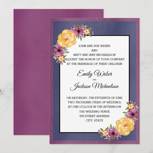 Invitation Mariage floral tons de bijoux violet jaune bleu ma (Devant / Derrière)