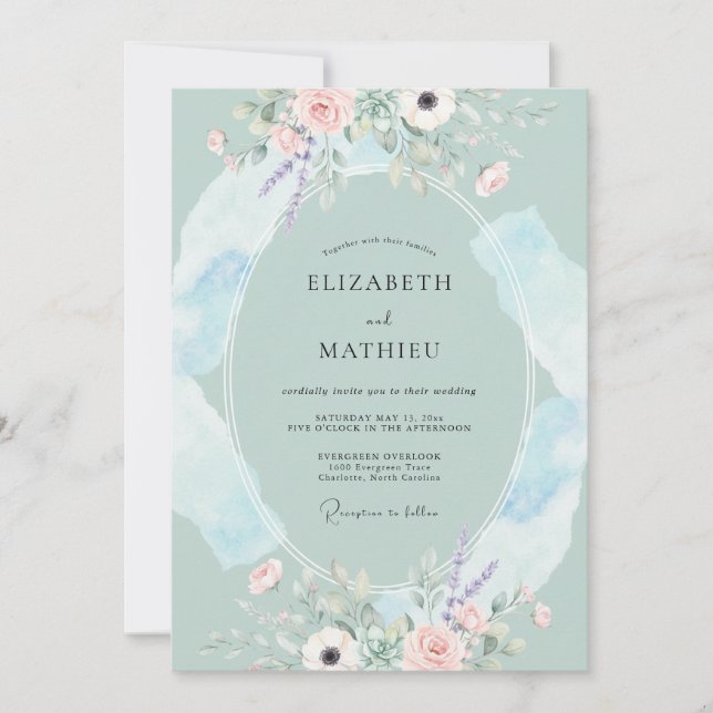 Invitation Mariage Floral Tourbillon Menthe (Devant)
