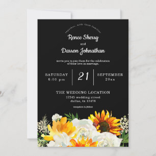 Invitation Mariage floral tournesol et rose blanche - Noir