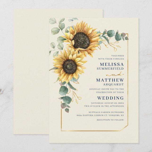 Invitation Mariage Floral Tournesol Eucalyptus Script (Devant / Derrière)
