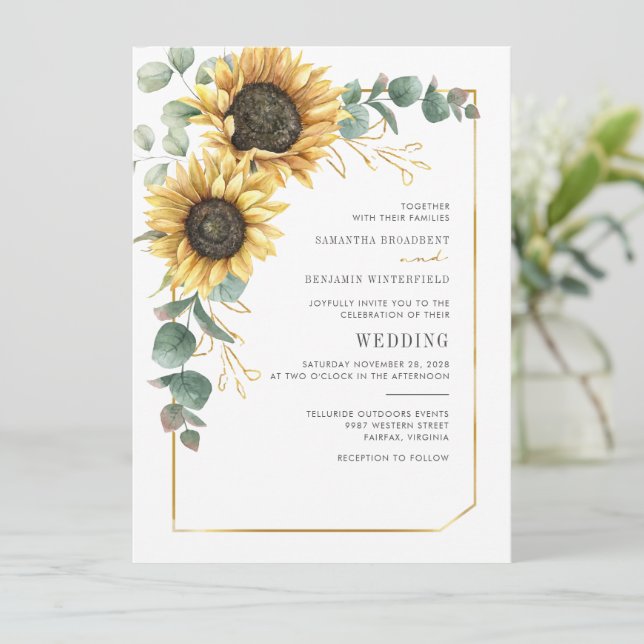 Invitation Mariage Floral Tournesol Vert Eucalyptus (Debout devant)