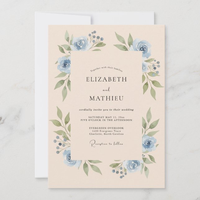 Invitation Mariage Floral Tranquille Bleu Poussiéreux (Devant)