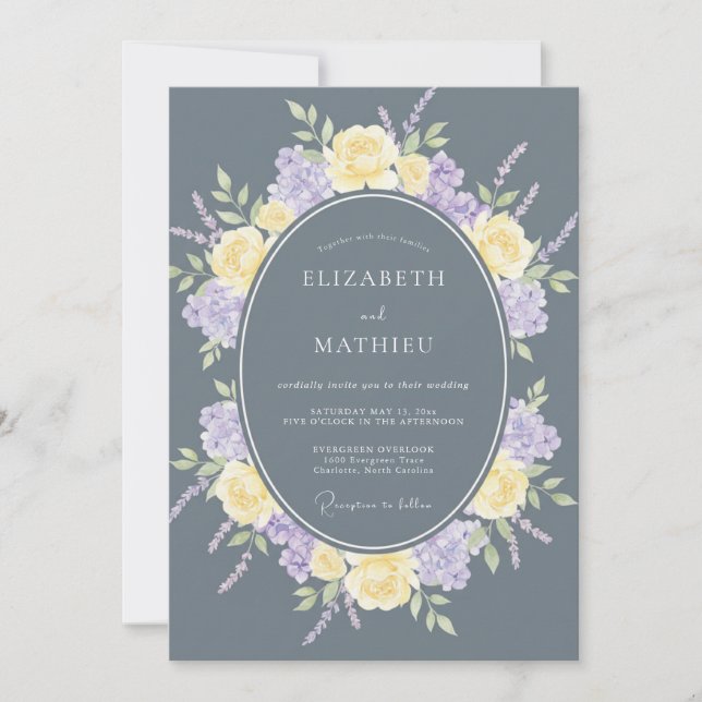 Invitation Mariage Floral Tranquille Gris Ardoise (Devant)