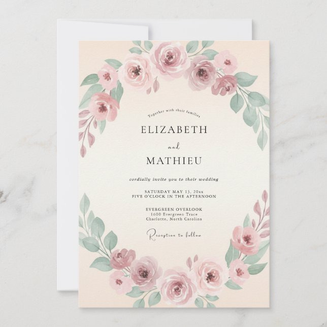 Invitation Mariage Floral Tranquille Rose Tendresse (Devant)