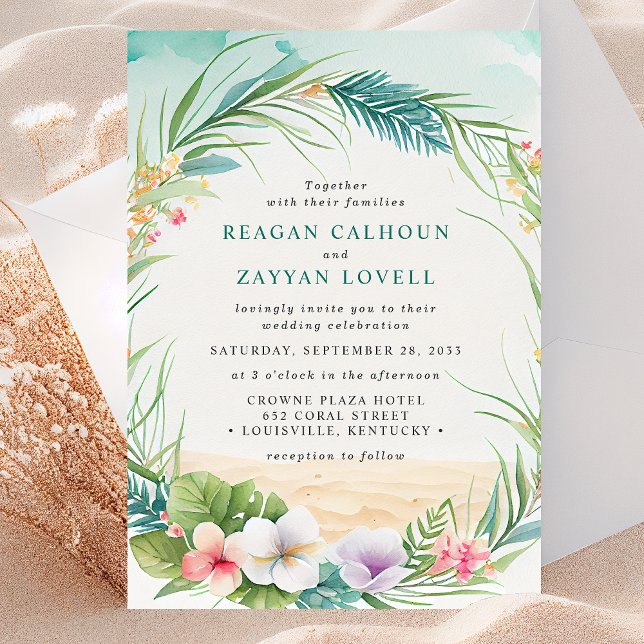 Invitation Mariage floral tropical à la plage à l'aquarelle (Créateur téléchargé)