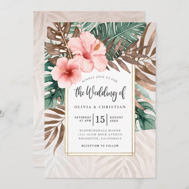 Invitation Mariage floral tropical à l'aquarelle moderne (Devant / Derrière)