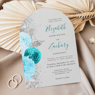 Invitation Mariage Floral Turquoise Argent Pailleté Gris Arch