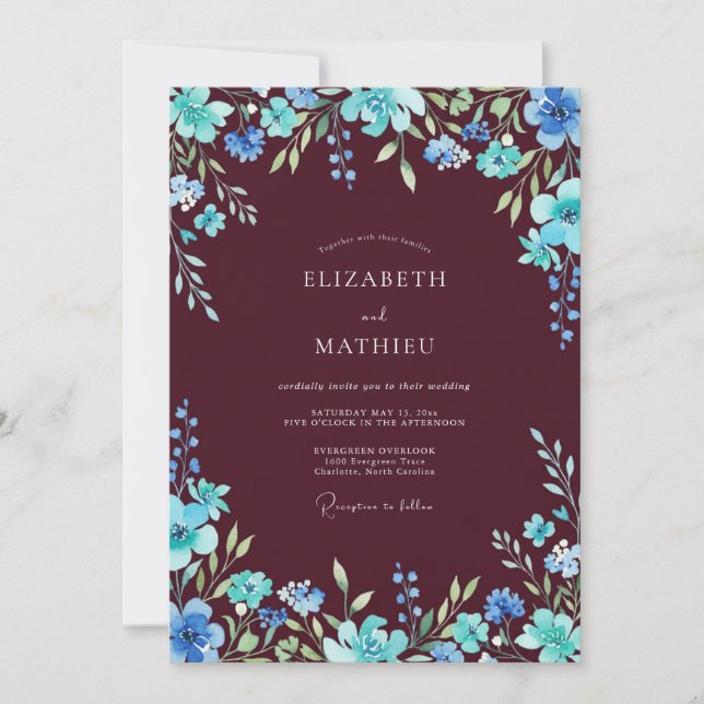 Invitation Mariage Floral Turquoise Bourgogne (Devant)