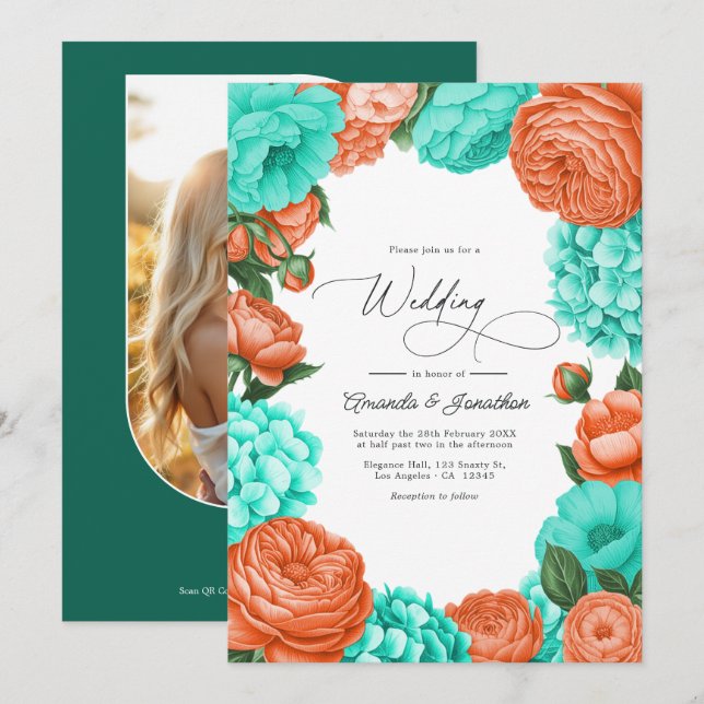 Invitation Mariage Floral Turquoise & Corail (Devant / Derrière)