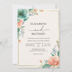 Invitation Mariage floral Turquoise de corail doux