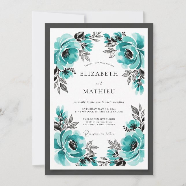 Invitation Mariage Floral Turquoise Éclatant (Devant)