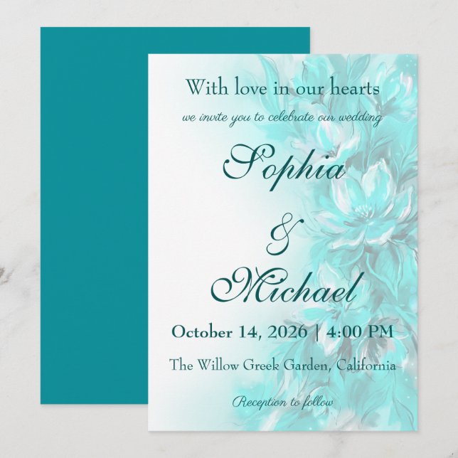 Invitation Mariage floral turquoise élégant (Devant / Derrière)
