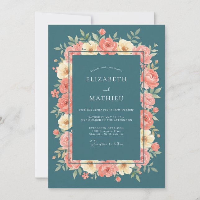 Invitation Mariage Floral Turquoise Embrassant (Devant)