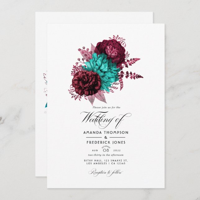 Invitation Mariage floral turquoise et bourguignonne (Devant / Derrière)
