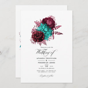 Invitation Mariage floral turquoise et bourguignonne