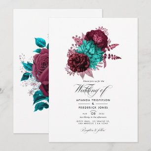 Invitation Mariage floral turquoise et burgundy