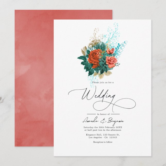 Invitation Mariage floral turquoise et corail (Devant / Derrière)
