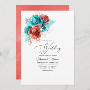 Invitation Mariage floral turquoise et corail