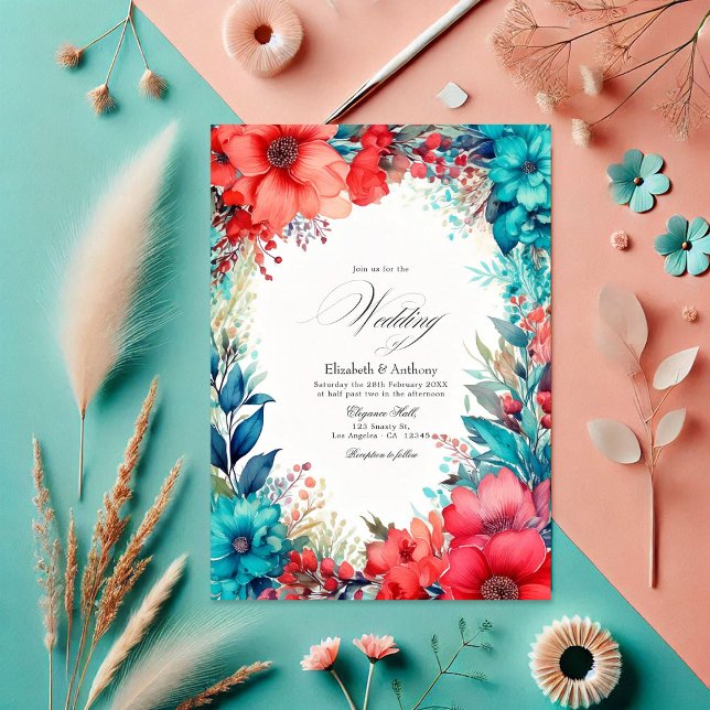 Invitation Mariage floral turquoise et corail (Turquoise and Coral Watercolor Floral Wedding Invitation)