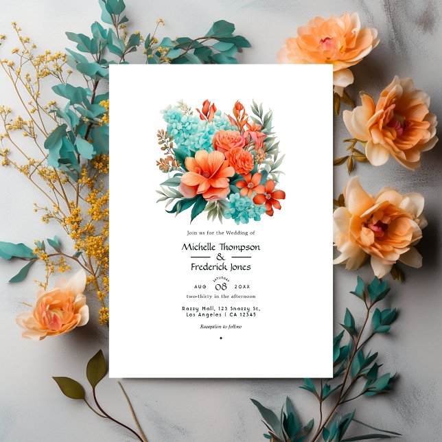 Invitation Mariage floral turquoise et corail (Créateur téléchargé)