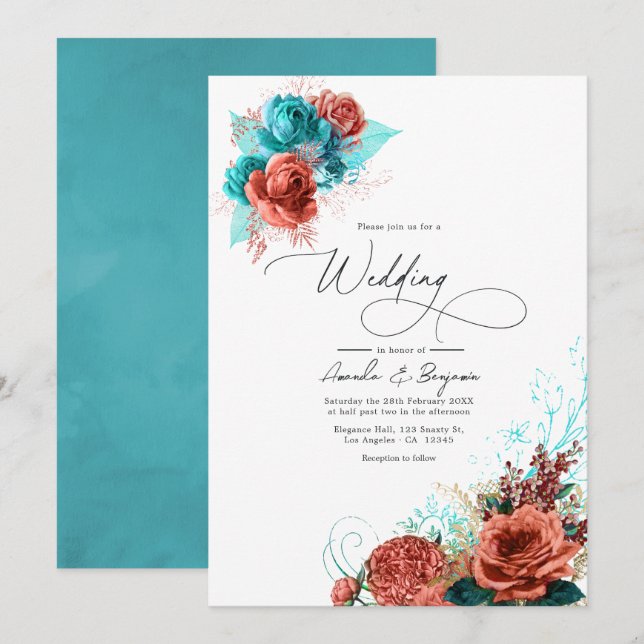 Invitation Mariage floral turquoise et corail (Devant / Derrière)