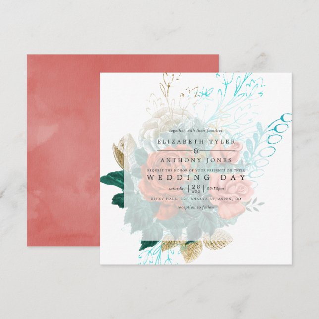 Invitation Mariage floral turquoise et corail (Devant / Derrière)