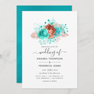 Invitation Mariage floral turquoise et corail
