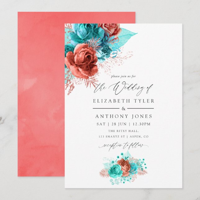 Invitation Mariage Floral Turquoise et Corail Vivant (Devant / Derrière)