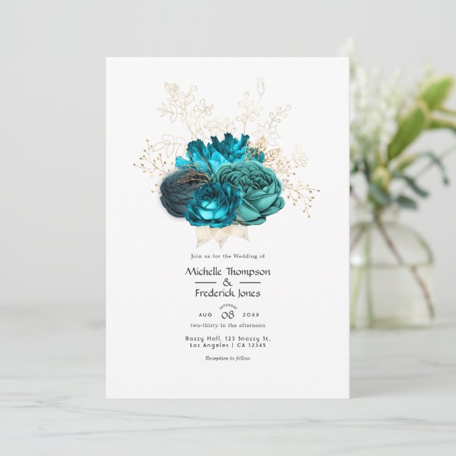 Invitation Mariage Floral Turquoise et Or (Debout devant)