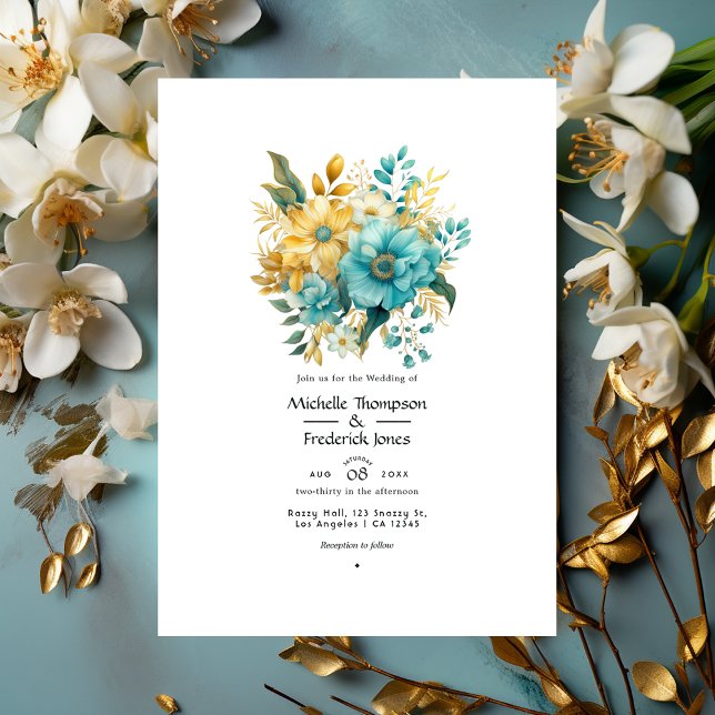 Invitation Mariage floral Turquoise et or (Créateur téléchargé)