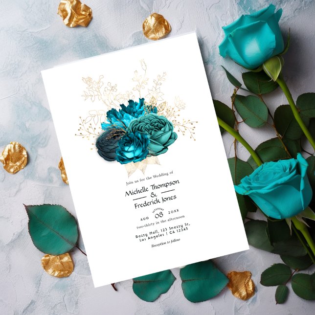 Invitation Mariage floral Turquoise et or (Créateur téléchargé)