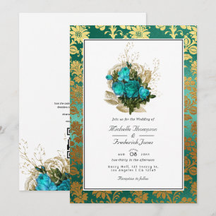 Invitation Mariage Floral Turquoise et Or - Teinte de Bleu Cy