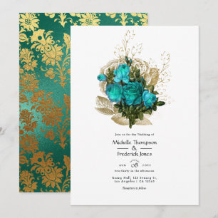 Invitation Mariage Floral Turquoise et Or - Teinte de Bleu Vi