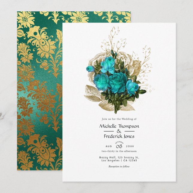 Invitation Mariage Floral Turquoise et Or - Teinte de Bleu Vi (Devant / Derrière)