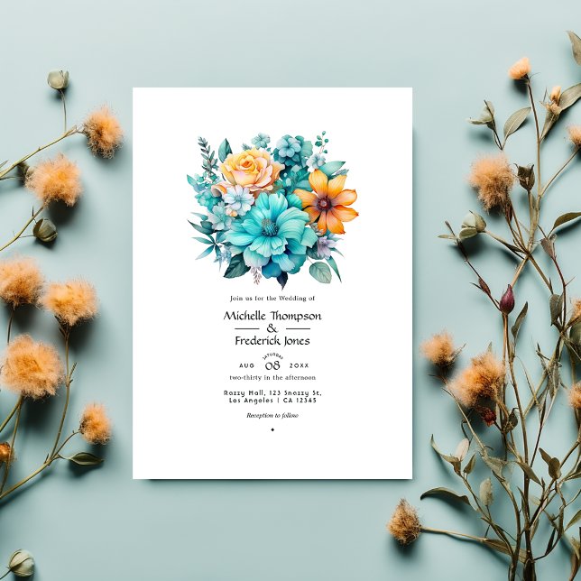 Invitation Mariage floral turquoise et patina (Créateur téléchargé)