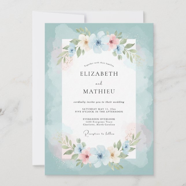 Invitation Mariage Floral Turquoise Fleurissant (Devant)