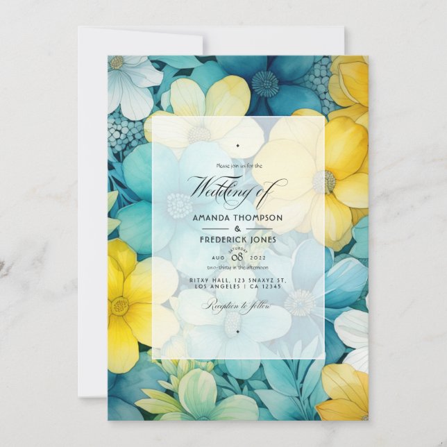 Invitation Mariage floral turquoise, jaune et gris (Devant)
