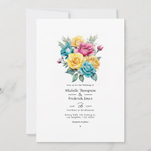 Invitation Mariage floral turquoise, jaune et rose