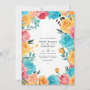 Invitation Mariage floral turquoise, jaune et rose