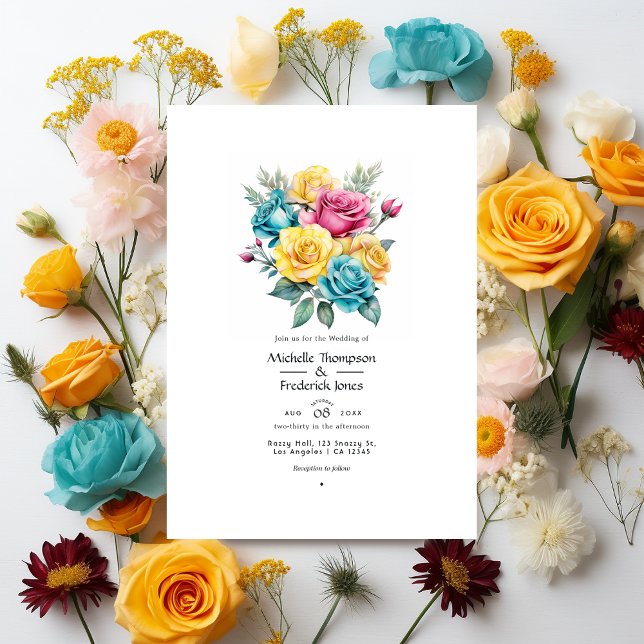 Invitation Mariage floral turquoise, jaune et rose (Créateur téléchargé)