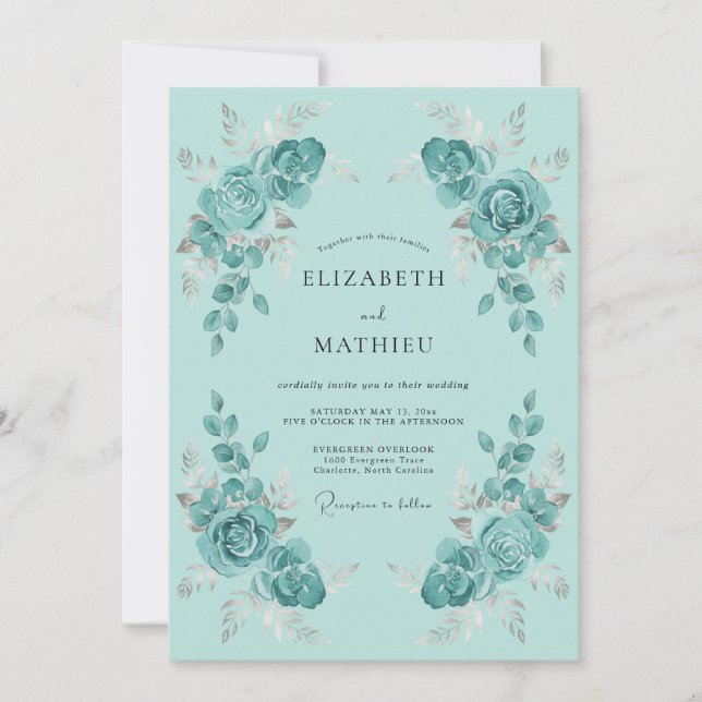 Invitation Mariage Floral Turquoise Lumineux (Devant)