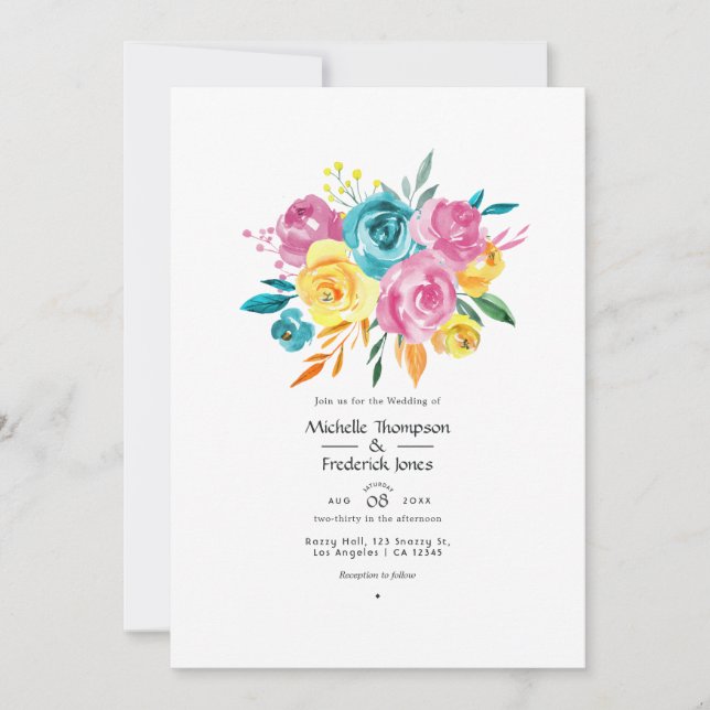 Invitation Mariage floral turquoise, rose et jaune (Devant)