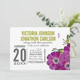 Invitation Mariage Floral Typographie Violet et Choux Vert